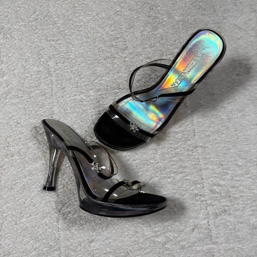 Y2K Fashion Bug Clear Heels 2000s Holographic Platform Mule Heels
